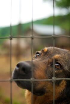 dog behind woven wire fence